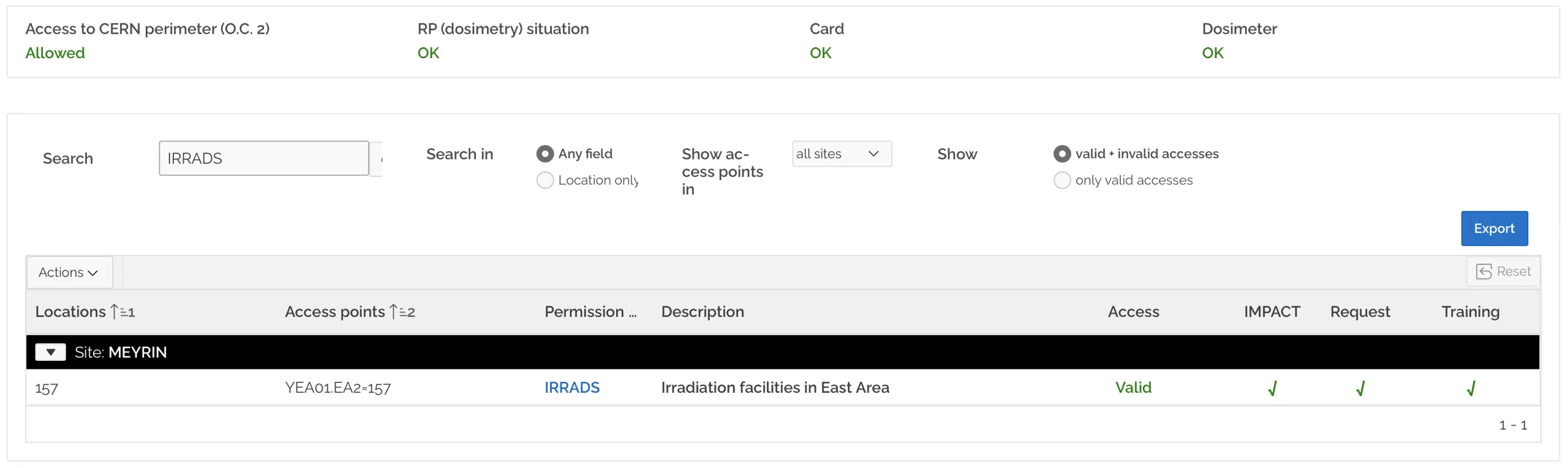 ADAMS screenshot for IRRADS permission